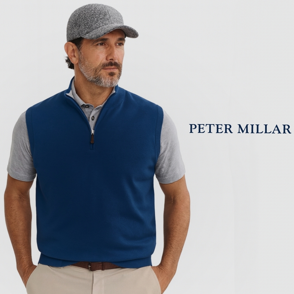 Peter Millar Crown Soft 1/4 Zip Vest Navy Blue Supima Cotton Silk
